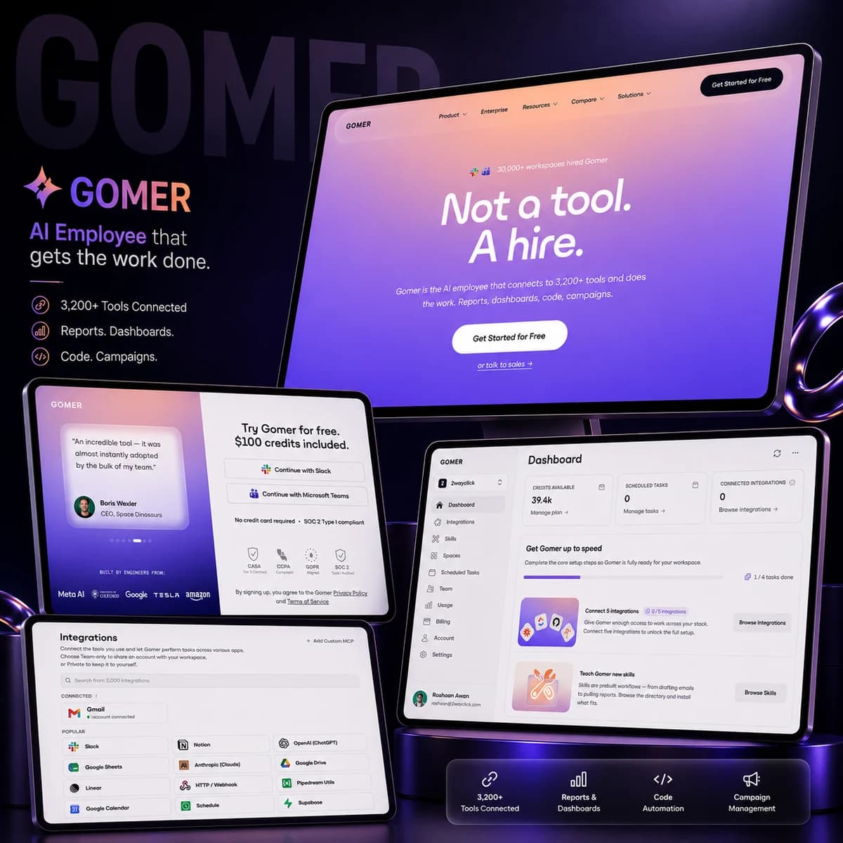 Gomer landing page and dashboard showing integrations, scheduled tasks and connected tools.