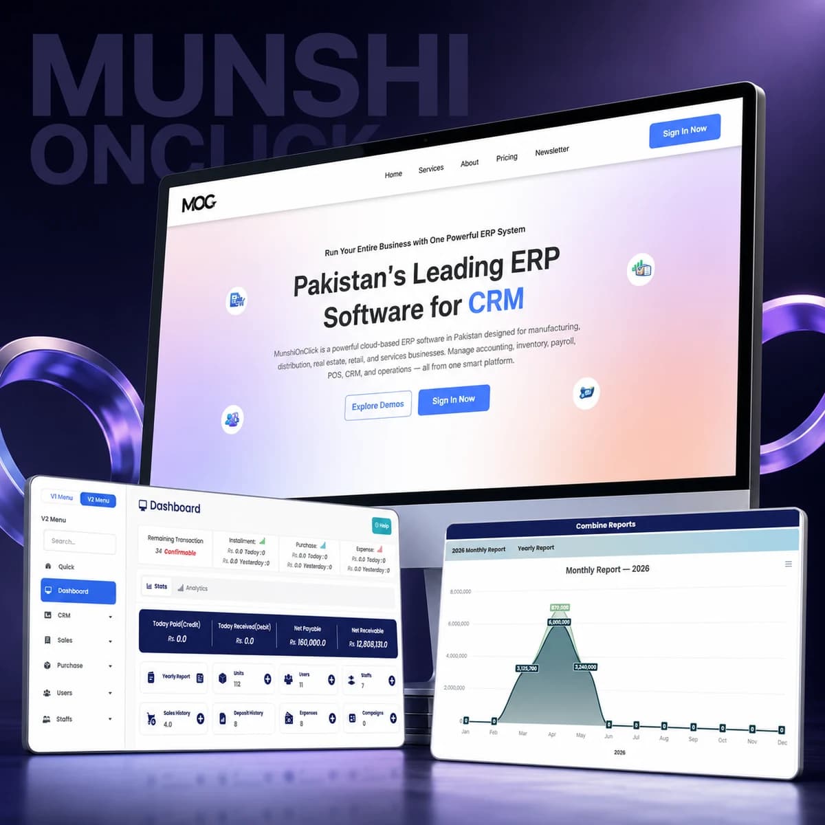 MunshiOnClick ERP landing page with CRM dashboard, accounting stats and monthly reporting charts.