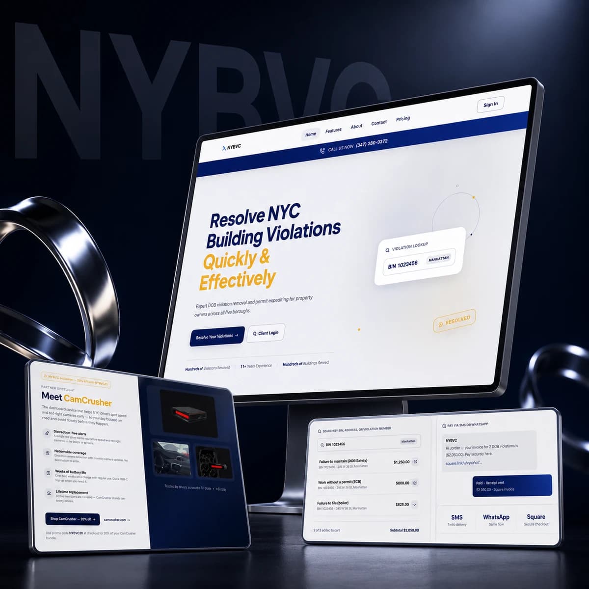 NYBVC website for resolving NYC building violations, with violation lookup and SMS or Square payment flow.